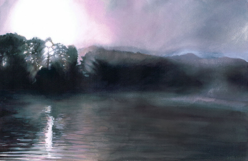 French lake at sunrise. Watercolour