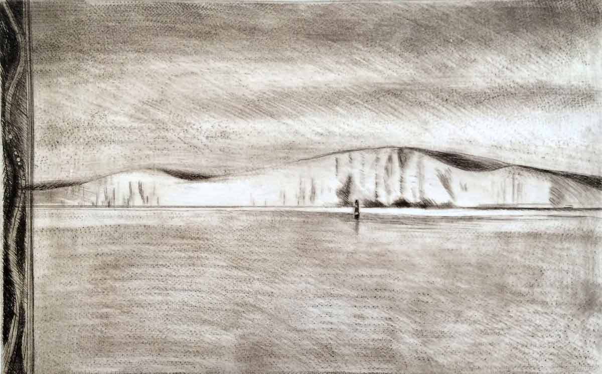 View of the cliffs from the sea, Beachy Head. Drypoint