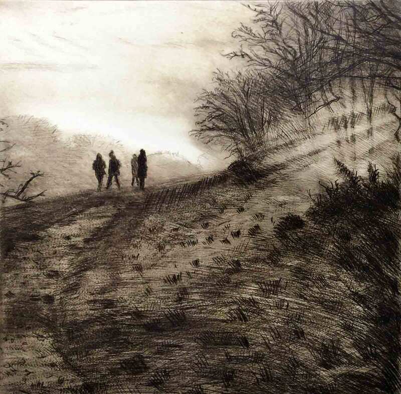Walking in the fog at Devil's Dyke - Drypoint print