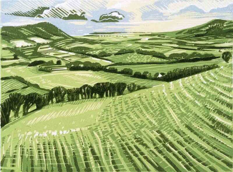 Kingston Ridge, looking over the Mount Caburn and Firle Beacon. Reduction lino cut print