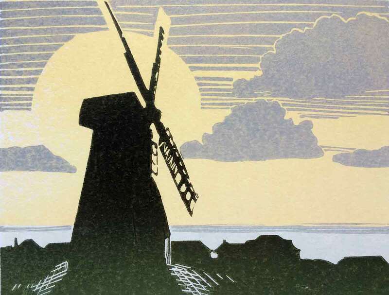 Rottingdean windmill, lino cut print