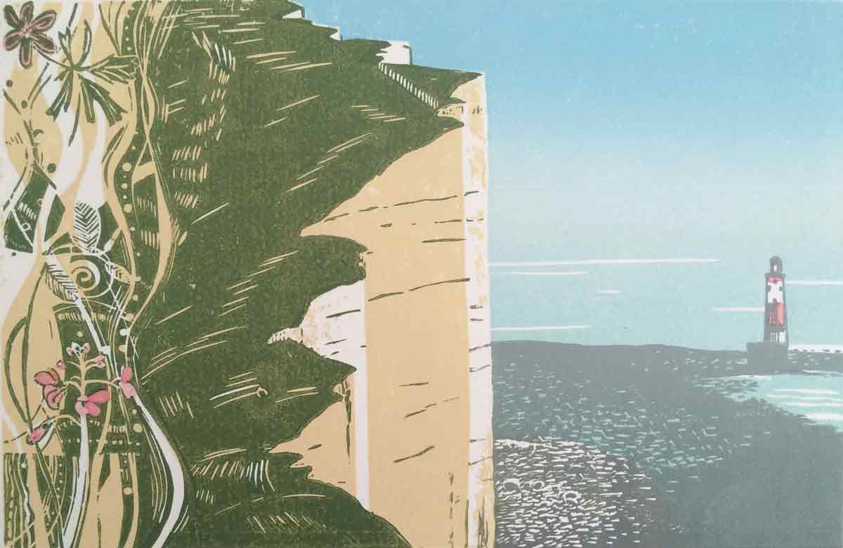 Beachy Head, lino cut print in colour