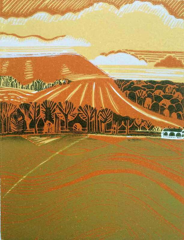 Firle Beacon ploughed fields. Lino cut print