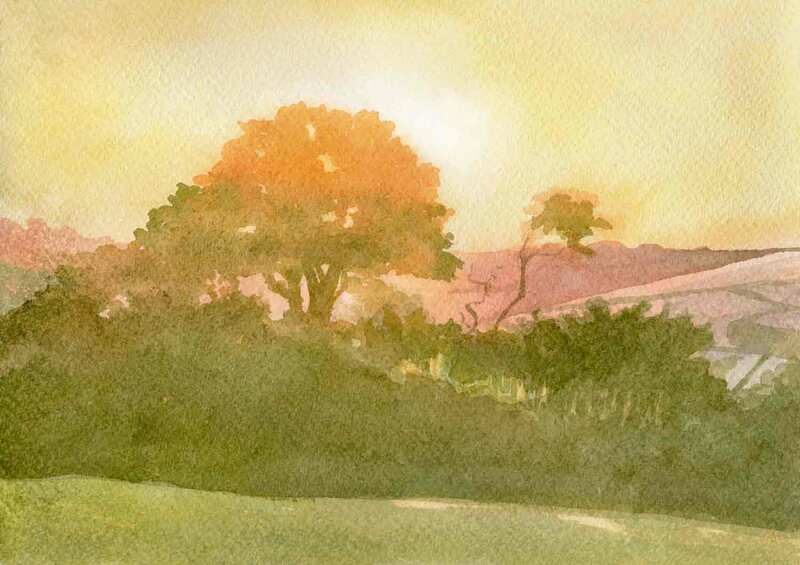 Mevagissey hillside at sunset, Cornwall. Watercolour