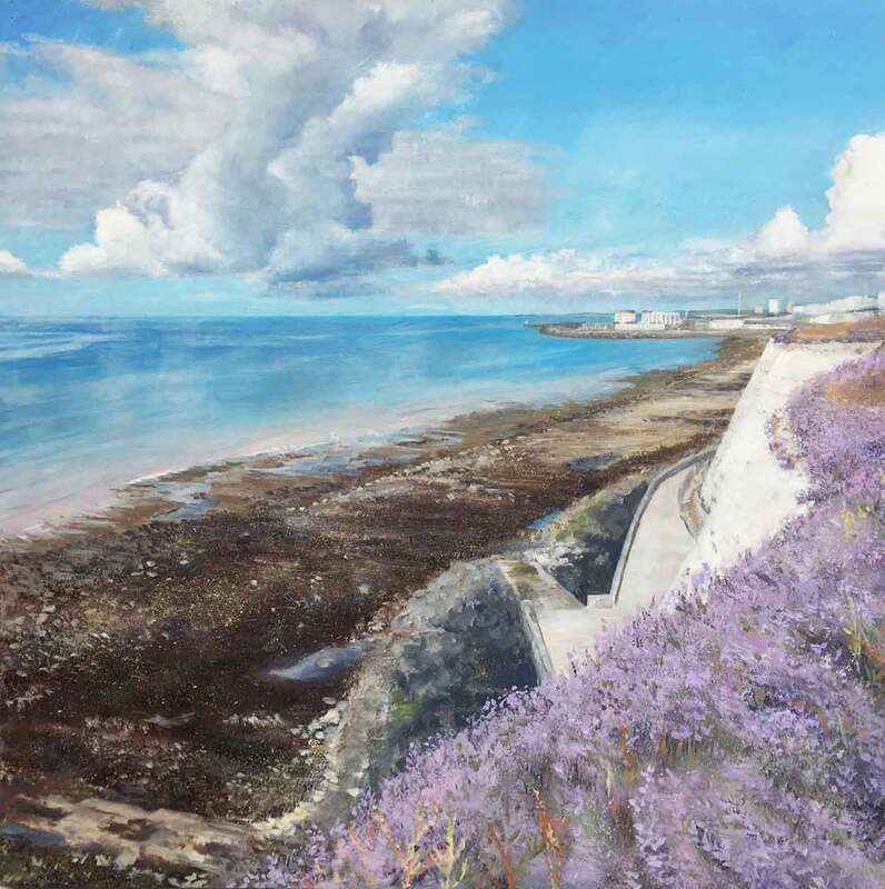 Sea view from Ovingdean cliffs. Brighton Marina in the distance. Oil on board